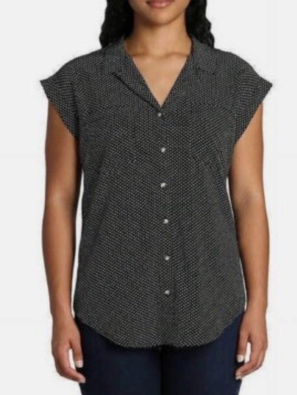 JACHS Girlfriend Black Dot-Print Button Front Cap Sleeve Shirt